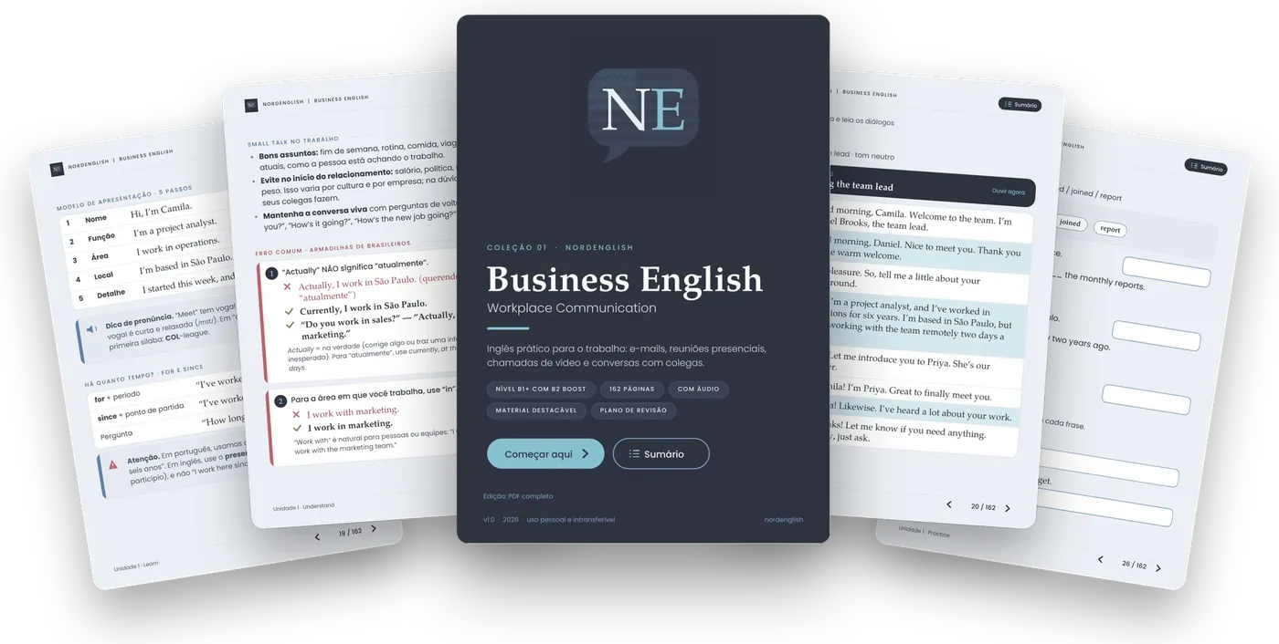 Capa e páginas do e-book Business English: modelo de apresentação, erro comum de brasileiros, diálogo com botão de áudio e exercícios